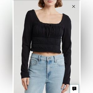 Free People Scarlet Smocked Square Neck Long Sleeve Cropped Top